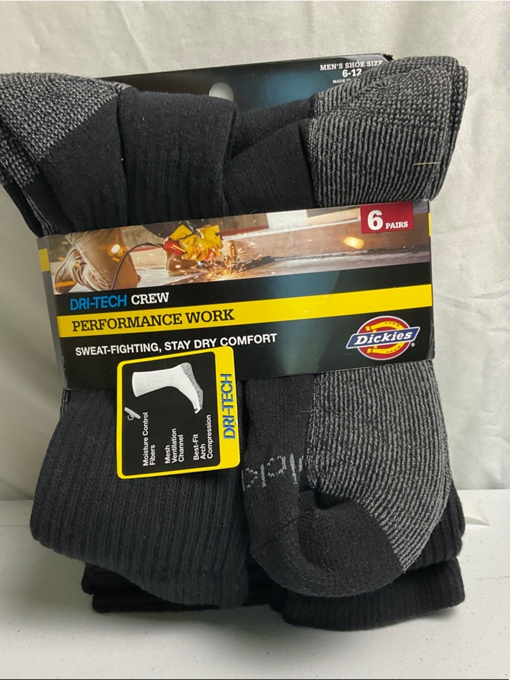 Dickies Men's Black and Gray Dri-Tech Performance Crew Socks - 6 Pairs